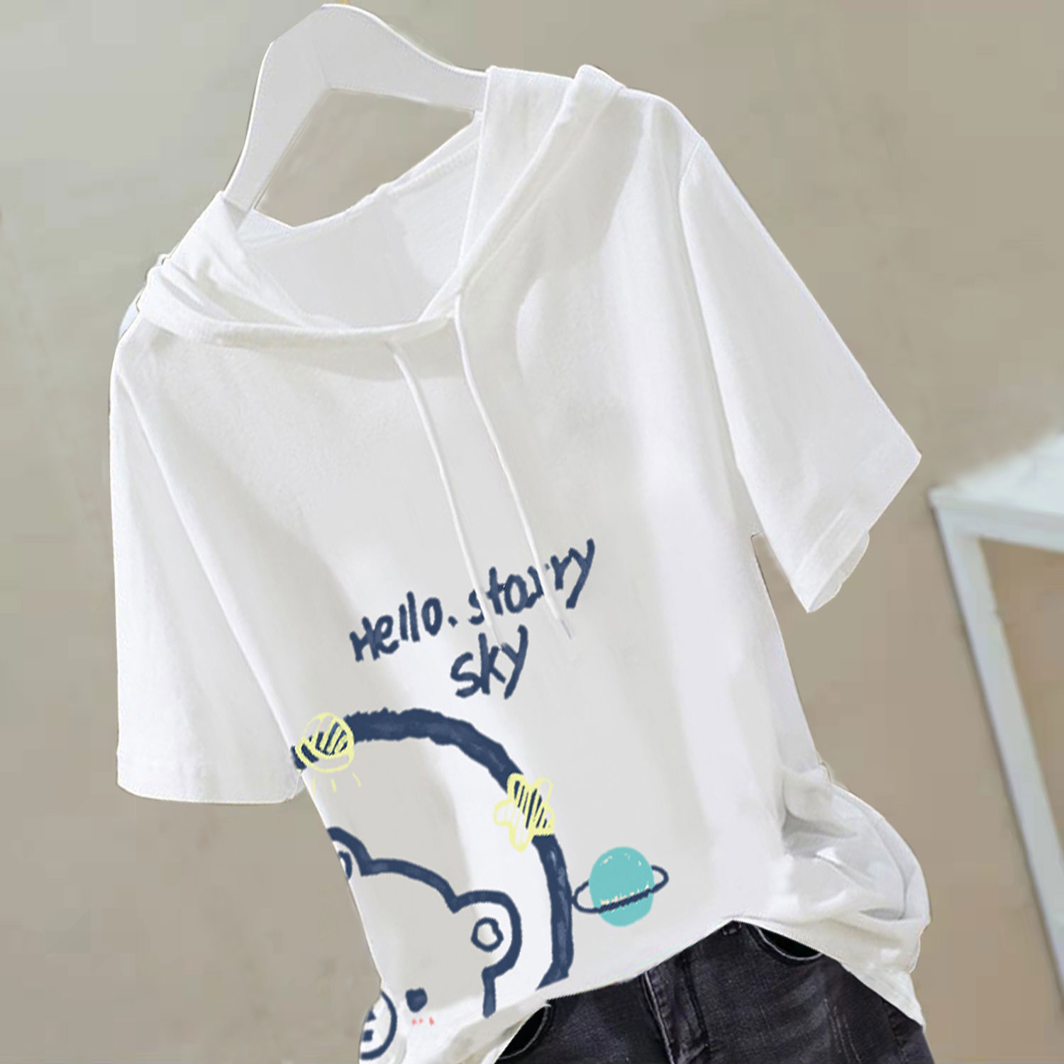 2022 new summer cotton white short-sleeved hooded t-shirt female Korean version large size female foreign gas shirt top tide fir
