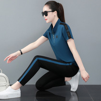 MMQ Summer Leisure Sports Suit Women Fashion Collage Standings Short Sleeves Long Pants Ice Silk Loose big size Two sets