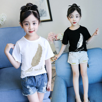 Girls short-sleeved t-shirt pure cotton summer dress western style big childrens top black summer girls children 2021 new