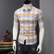 Shirt mens short sleeve summer cotton slim handsome plaid shirt Korean fashion mens casual half-sleeve clothes