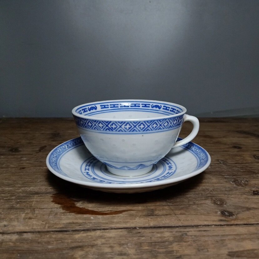 Jingdezhen Ceramic tea set Light porcelain factory Old factory goods 70s Qinghua Tongguang Bright Flower Core Coffee Cup