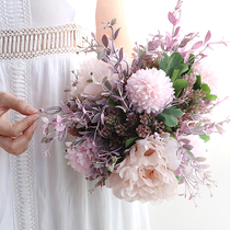 Pink and purple demon hydrangea Western peony simulation fake silk plastic flower gray glass vase Floral Romance