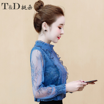 Lace base shirt womens autumn and winter clothing 2021 New Tide with long sleeve Net red chiffon jacket foreign style small shirt