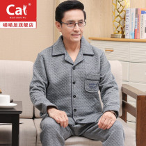 Spring and Autumn Cotton Thickened Long Sleeve Sandwich Air Cotton Middle-aged and Elderly Mens Pajamas Cotton Autumn and Winter Home Clothing Set