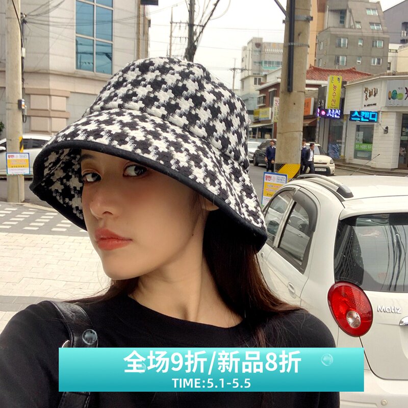 Thousand bird plaid fishermans hat Womens autumn and winter wool fishermans hat Japanese Korean chic retro art basin hat