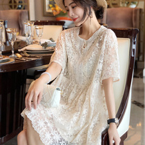 European Standing Lace Hollowed-out floral dress Dress Woman White Gentle Temperament Weight Reduction Loose Skirt 2022 Summer Euros