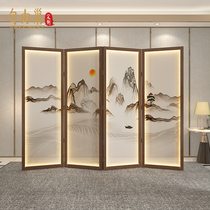 New Chinese landscape screen glowing with lamp folding partition hotel living room moving semi-transparent fabric shielding screen