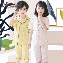 Top melon childrens short-sleeved home clothing set Boys middle and big children cotton pajamas girls air-conditioned clothing summer thin