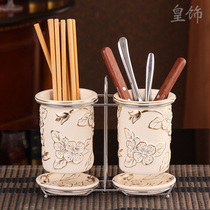 Real Decoration Eurostyle Ceramic Chopstick Cylinder Creative Kitchen Chopstick Cage Drain Chopstick Basket Double Cylinder Creative Eurostyle Chopstick Cylinder