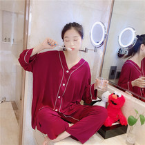 春秋季长袖开衫睡衣女薄款莫代尔棉纯色简约家居服胖mm200斤套装