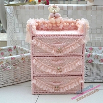 Cosmetic box small drawer pink lace rattan three-layer drawer combination storage cabinet drawer storage box