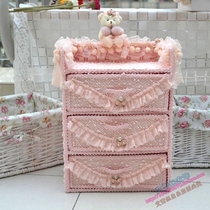 Cosmetics box Small drawer Pink lace rattan woven three-layer drawer combination storage cabinet Drawer storage box