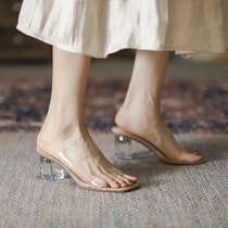 Transparent sandal women Summer 2022 new flat bottom heel coarse heel crystal high heel shoe fairy wind lined with sandals