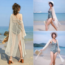 Sexy cut-out middle long sleeve cardigan bikini swimsuit blouse outside the female side split seaside holiday beach skirt