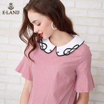 ELAND clothes fashion temperament stripe design sense lotus leaf sleeve doll Collar Cotton short sleeve shirt lady