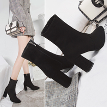 2021 Autumn New rough-heeled womens short boots slim Martin boots naked boots square head slim boots Joker British Knights boots