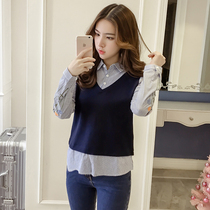 Long-sleeved shirt female 2021 spring new Korean student wild fake two-piece top small fresh embroidered jacket female