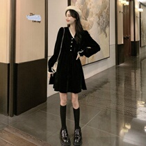  Large size womens clothing autumn and winter 2021 new fat mm dress Western style design sense waist gold velvet long-sleeved small black skirt