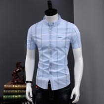 Mens short sleeve shirt summer cotton Korean casual plaid inch shirt slim handsome trend mens shirt thin