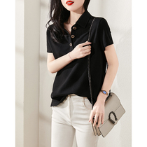 Black short-sleeved T-shirt womens 2021 summer new casual all-match metal buckle polo shirt cotton comfortable top