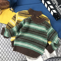 2022 new boys water mink suede half high collar striped knit cardiovert Korean version children sweater jacket head spring and fall boy