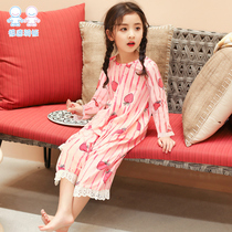 Childrens one-piece pajamas spring and Autumn night dress Cotton long-sleeved night dress Baby Princess Zhongda Virgin girl Strawberry home skirt