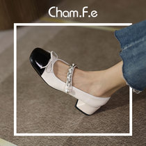 Small fragrant style color Mary Jane shoes womens retro square head beige white thick heel single shoes autumn leather shoes 753S