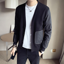 Fall Splicing Jacket Man Fashion Trends Denim Cloth Pocket V Collar Knit Cardiovert Casual Black Sweater Blouse