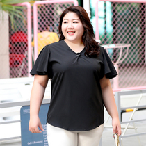 Fat plus size chiffon shirt womens summer short sleeve loose special fat top fat MM200 kg T-shirt V neck tie