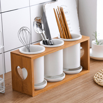 Kitchen ceramic chopsticks tube non-textured three-tube mildew-proof household glossy tableware chopsticks storage box cage porous drain