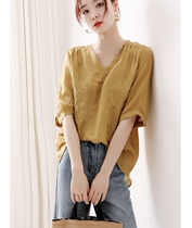 Linen Shirt Woman Summer 2021 New Loose V Collar Retro Embroidered Pure Color 100 Lap 50% Sleeve Cotton Linen Hood