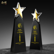 Five-pointed star crystal trophy custom creative metal five-star gold and silver copper black crystal medal custom lettering production