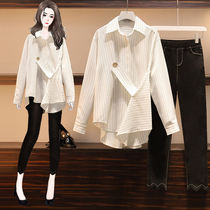  Big woman high-end large size womens clothing 2020 early autumn new fat mm western style thin shirt jeans two-piece suit