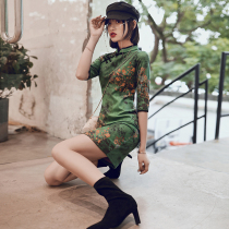 Improved cheongsam 2021 new young retro green little dress autumn daily short mid-sleeve