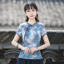 Junya Tang Costume Women China Wind Vegan Clothes Improvement Qipao Blouse Blouse Summer Short Sleeve Repaired with a thin Chinese style Zen Serie Dresses