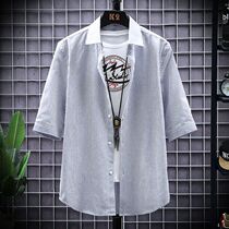2020 Summer new mid-sleeve shirt male Japanese Tide brand striped shirt simple Joker half-sleeve coat tide