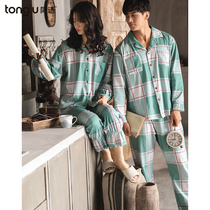 Same language autumn couple pajamas spring and autumn mens womens suit cotton long sleeve cardigan Plaid Korean version of home clothes autumn