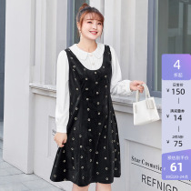 (clear cabin RMB150 ) Large code female autumn Lolita bump color polo collar embroidery fake two shirt style dress