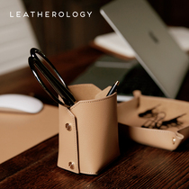 Real leather press-button pen holder creative multifunctional three-dimensional containing cylinder Bull Leather Portable Foldable Office Desktop Pen Barrel