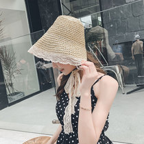 ins net red straw hat female summer lace lace beach hat small fresh seaside vacation sunscreen strap sun hat