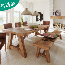 Full solid wood dining table country style rectangular dining table retro dining table and chair combination Villa furniture log large apartment