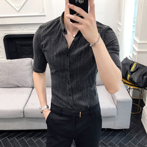 Summer seven-point sleeve shirt mens short sleeve slim Korean fashion casual handsome striped inch shirt Half sleeve shirt men