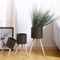 Nordic Wood Shelf Iron Barrel Creative Iron Art Floor Imitation Cement High Foot Flower Pot Mesh Red Living Room Modern Large Green Plant