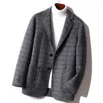 Korean fashion loose wool coat mens casual wild plaid wool coat mens trend suit light luxury handsome