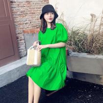 Fruit green French bubble sleeve dress summer 2021 New Platycodon grandiflorum retro fried street round neck Korean casual skirt