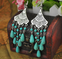 Earrings Turquoise ethnic Tibetan style water drop carved vintage long tassel Joker ear ornaments Tibetan Tibet accessories