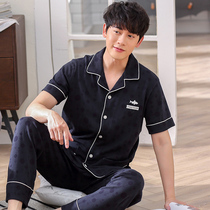 Pajamas men's summer cotton short sleeve pants plus fat plus size men's middle-aged spring and autumn thin suit dad summer