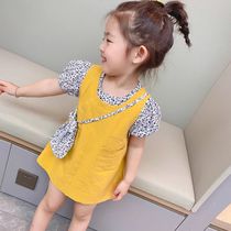 Girls floral dress summer 2021 new female baby foreign style fake two-piece cotton childrens short-sleeved princess dress