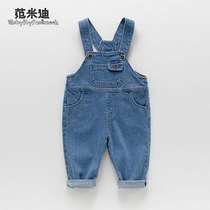 Baby strap pants spring and autumn male 1-3 years old boy denim trousers soft thin cotton baby pants foreign style Korean tide