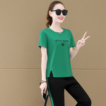 MMQ612 Summer Round Collar Broadleg Long Pants Ice Silk Casual Sport Two Sets 2022 Summer Style Fashion Suit